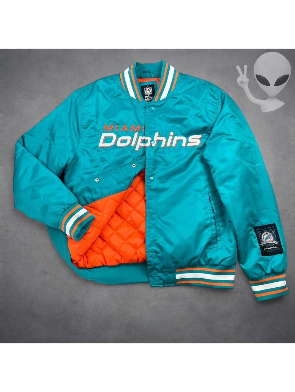 NFL Team Apparel Miami Dolphins Satin Varsity Bomber Jacket Men S Quilt Lined